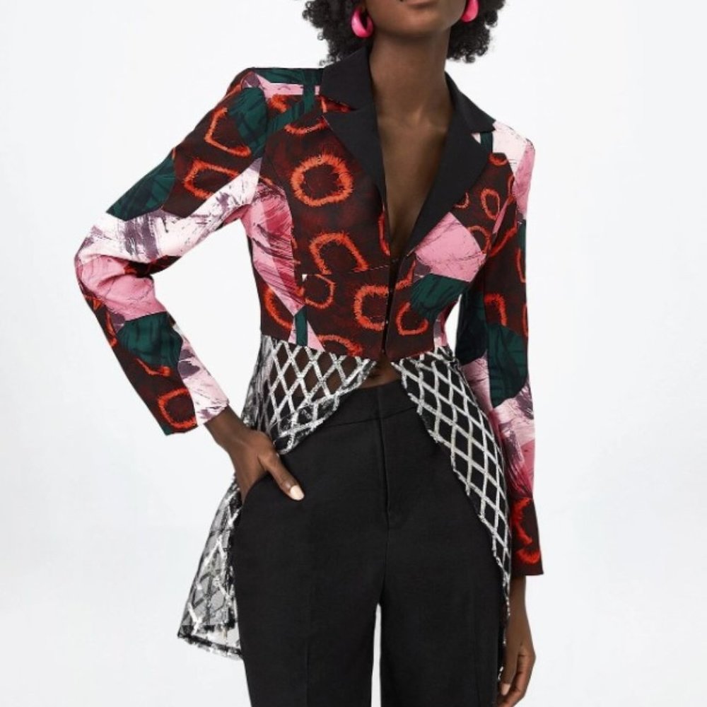 Graphic Print Sequin Mesh Blazer Size S